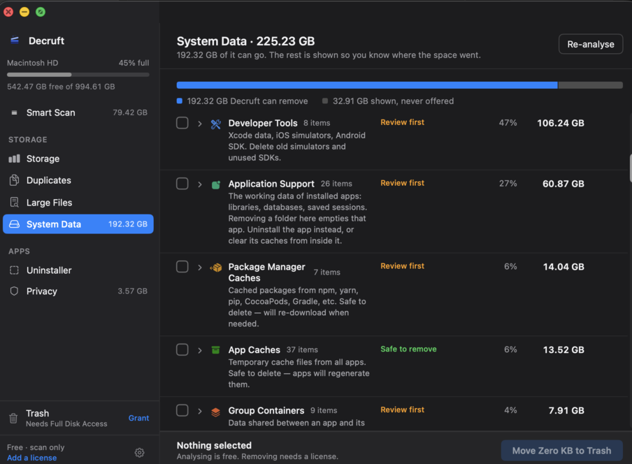 Decruft's System Data rows: Developer Tools, Application Support, Package Manager Caches and Group Containers marked Review first, App Caches marked Safe to remove, each with an explanation of what removal costs.